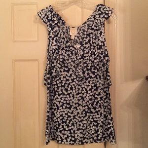 Navy/white fine cotton knit ruffle v-neck shell